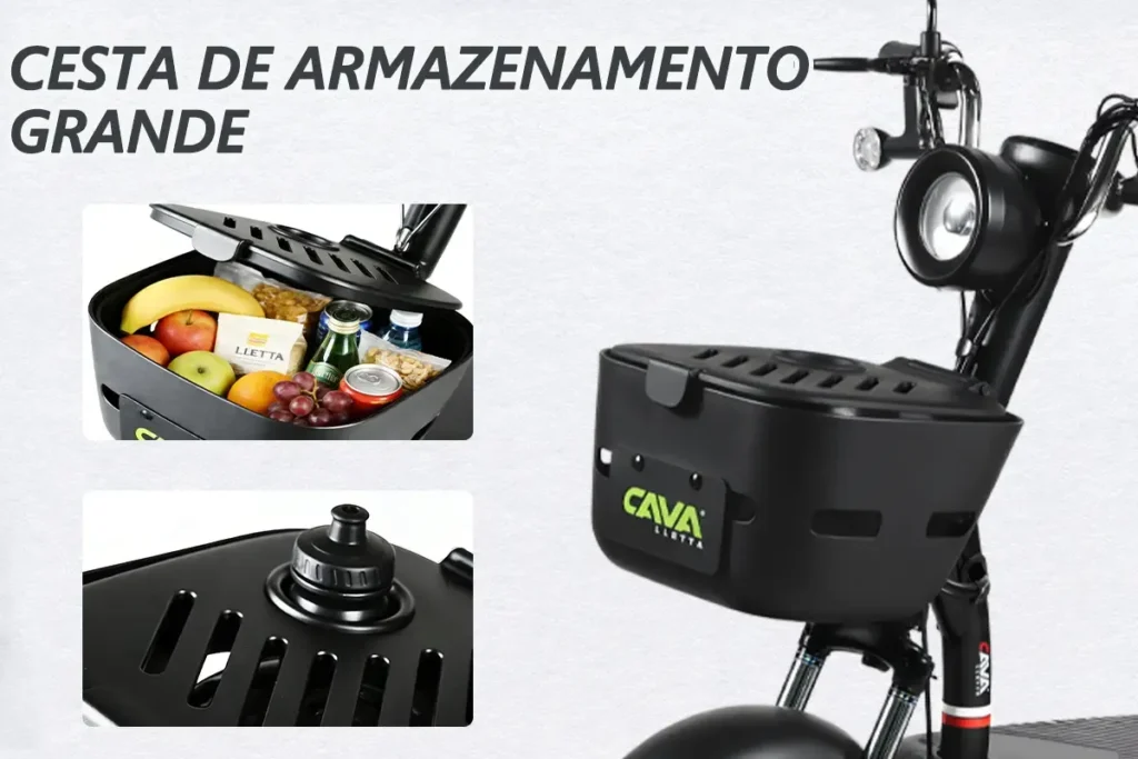 Cesto dianteiro espaçoso da bicicleta elétrica Cavalletta C3 800W aberto e carregando compras, frutas e bebidas.